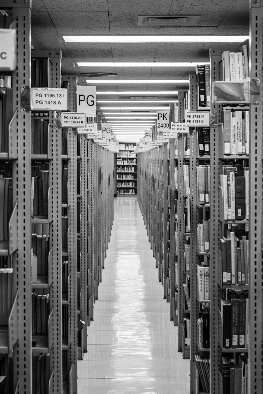 Library stacks receding into the distance.